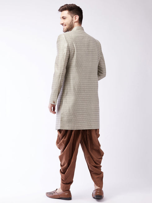 Vastramay Men's Beige, Grey And Coffee Brown Silk Blend Sherwani Set